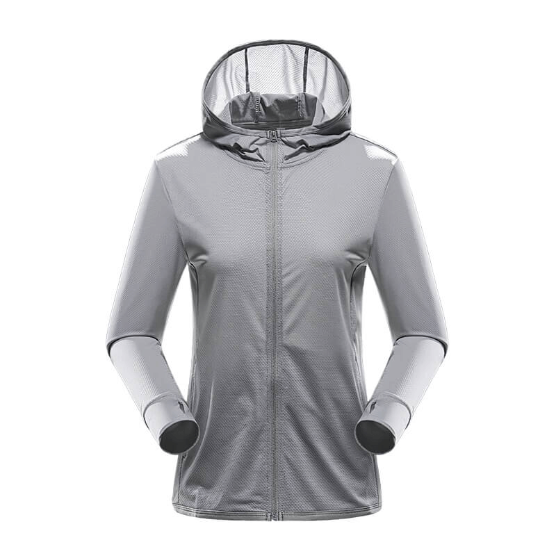 Women's waterproof sports windbreaker for trekking in grey, breathable and quick-dry. Perfect for hiking and camping. Model SF0157.